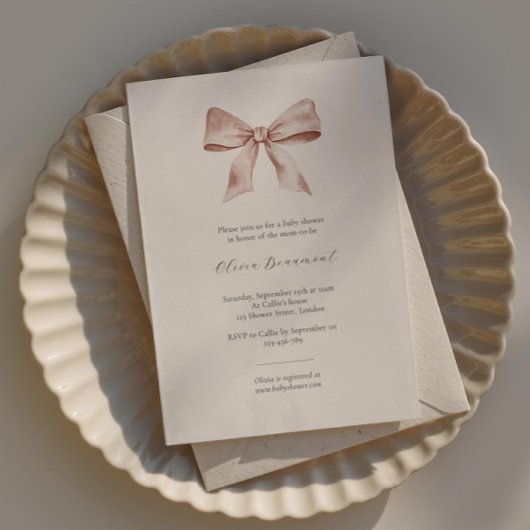 Elegante Babydusche mit rosa Band Einladung