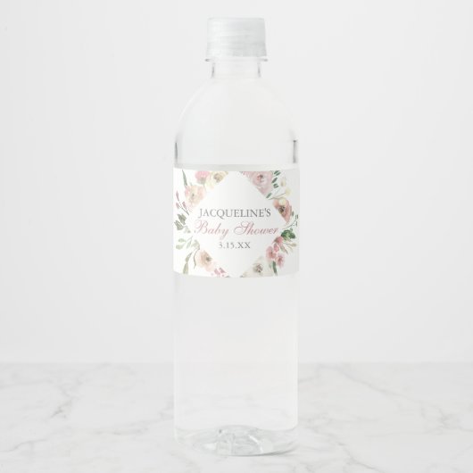 Elegante Babydusche Rosa Blütenfarbe Wasserflaschenetikett (Vorderseite)