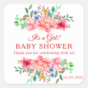 Elegante Babyparty rosa Rose Blume Quadratischer Aufkleber