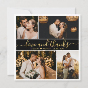 Elegante Back Gold Script Foto Collage Hochzeit Dankeskarte