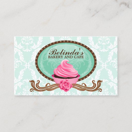 Elegante Bäckerei Cupcake Damask Visitenkarte (Vorderseite)