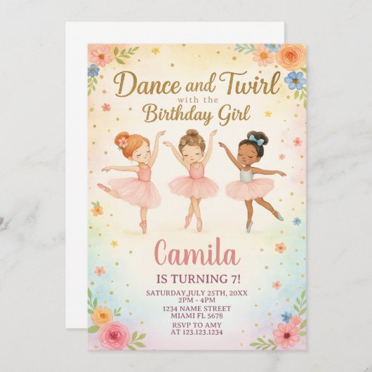 Elegante Ballerina Geburtstagsfeier Einladung (Vorne/Hinten)