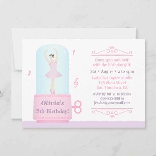 Elegante Ballerina Music Box Girl Birthday Party Einladung (Vorderseite)