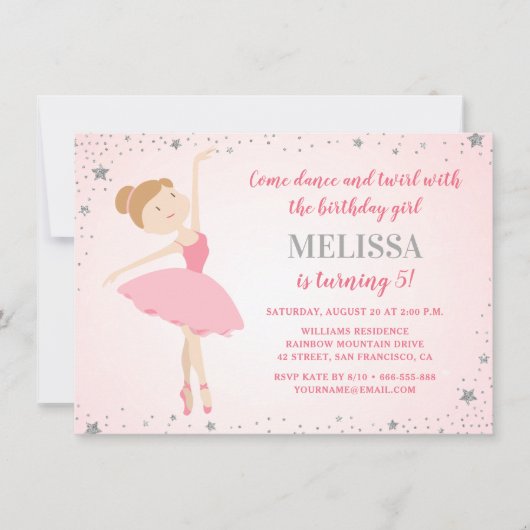 Elegante Ballerina Pink Silver Stars Girl Birthday Einladung (Vorderseite)