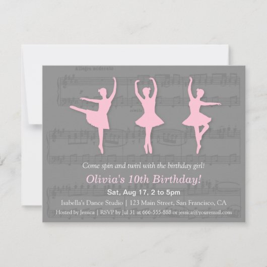Elegante Ballerina Tanz Einladung zum Geburtstag (Vorderseite)