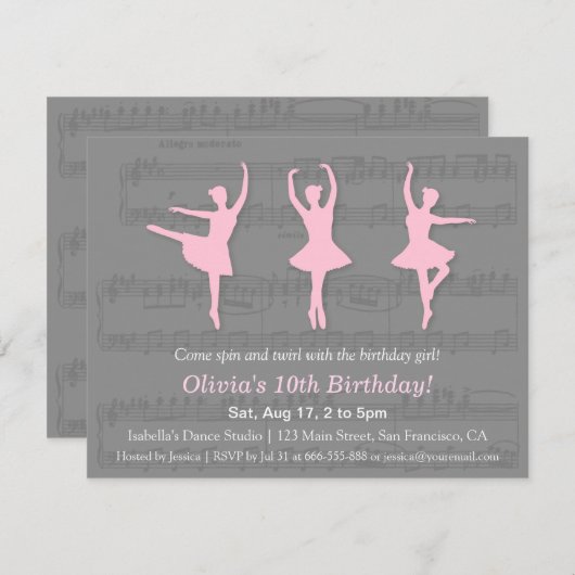 Elegante Ballerina Tanz Einladung zum Geburtstag (Vorne/Hinten)