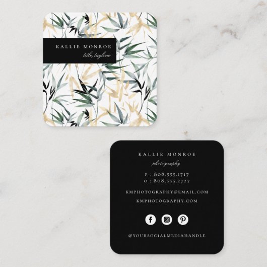 Elegante Bamboo Foliage Square Business Card Quadratische Visitenkarte (Vorne/Hinten)