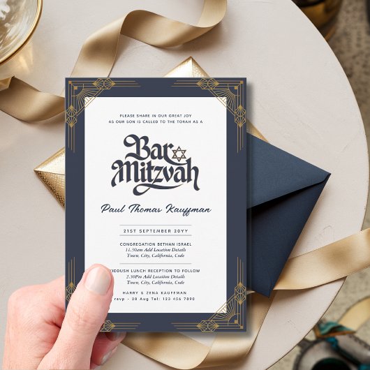 Elegante BAR MITZVAH Quality Navy Gold Moderne Einladung