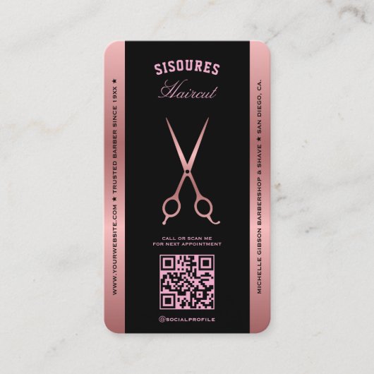 Elegante Barber Black Rosegold Scissors Loyalität Visitenkarte (Vorderseite)
