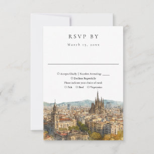 Elegante Barcelona-Silhouette Aquarell-Hochzeit RSVP Karte