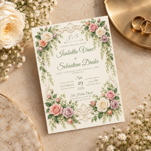 Elegante Barock-Rosa-Rosen-Hochzeit Einladung