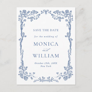 Elegante Barockblaue Rosen Hochzeit Termin vormerk Postkarte
