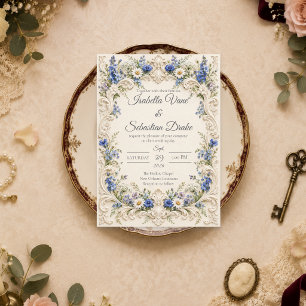 Elegante barocke blaue Wildblumenhochzeit Einladung