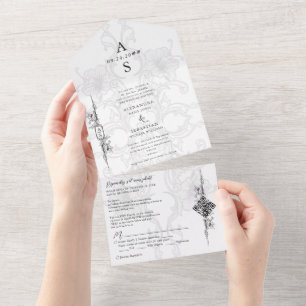 Elegante Barocke Schwarz-weiße, florale feierliche All In One Einladung