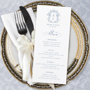 Elegante barocke Wappeneinladung Blaue Hochzeit Menükarte
