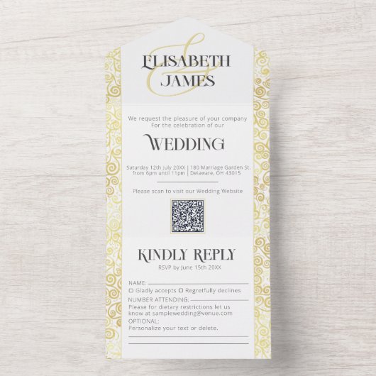 Elegante Barockklassische Hochzeit in Weiß und Gol All In One Einladung (Innen Boden)