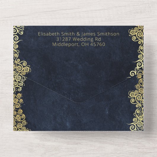 Elegante Barockmarche und schicke Goldmedaille Hoc All In One Einladung (Rückseite)