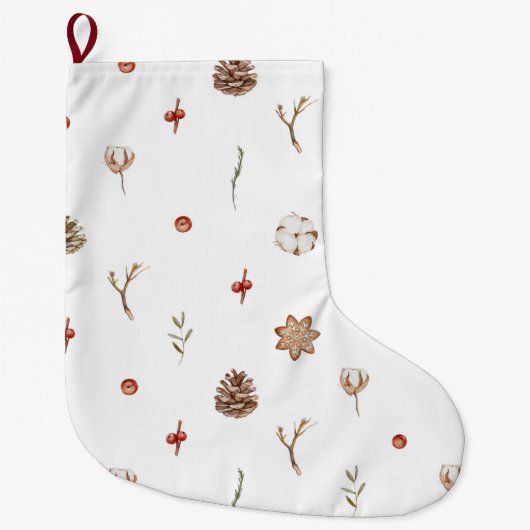 Elegante Baumwolle und Pinecone Weihnachtskranz Großer Weihnachtsstrumpf (Vorderseite)