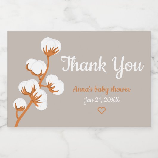 Elegante Baumwollzweig "Danke" Custom Sparklin Schaumweinetikett (Einzelnes Label)