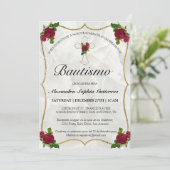 Elegante Bautismo de Bebé de Oro Rosa Rojo Einladung (Stehend Vorderseite)