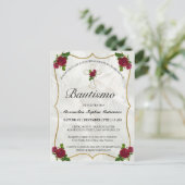 Elegante Bautismo de Bebé de Oro Rosa Rojo Einladungspostkarte (Stehend Vorderseite)
