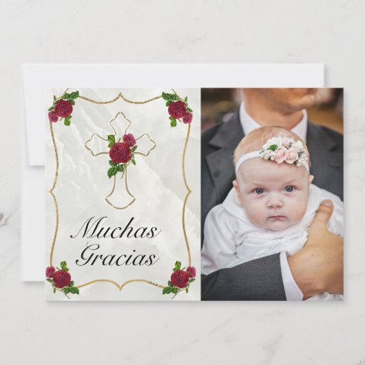 Elegante Bautismo de Bebé de Oro Rosa Rojo Gracias Dankeskarte (Vorderseite)