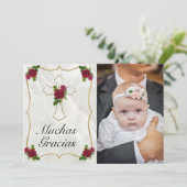 Elegante Bautismo de Bebé de Oro Rosa Rojo Gracias Dankeskarte (Stehend Vorderseite)