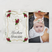 Elegante Bautismo de Bebé de Oro Rosa Rojo Gracias Dankeskarte (Vorne/Hinten)