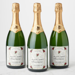 Elegante Bautismo de Bebé de Oro Rosa Rojo Schaumweinetikett