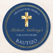 Elegante Bautizo de Bebé Azul Dorado Gracias Runder Pappuntersetzer (Vorderseite)