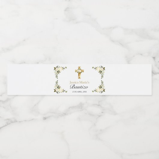 Elegante Bautizo Floral Blanco Wasserflaschenetikett (Einzelnes Label)