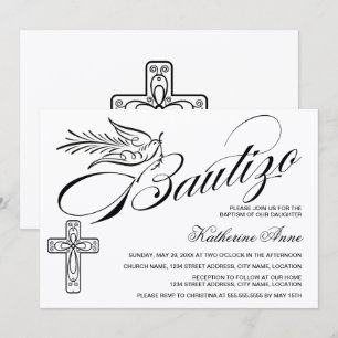 Elegante Bautizo Vintage-Script Kreuz und Taube Einladung