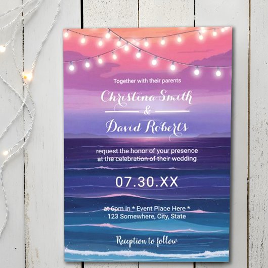 Elegante Beach Tropical Summer Lights Wedding Einladung