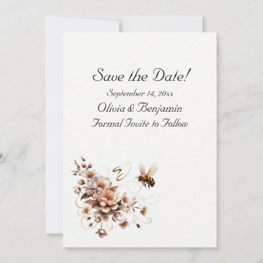 Elegante Bee & Floral Save the Date Card Einladung (Vorderseite)