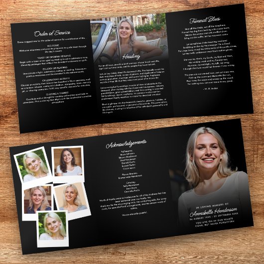 Elegante Beerdigung/Gedenkfeier mit 7 Fotos Dreifach-gefaltete Programmkarte