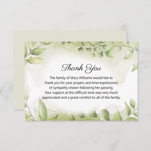 Elegante Beerdigung Grüne Gedenkstätte Dankeschön Dankeskarte (Vorne/Hinten)