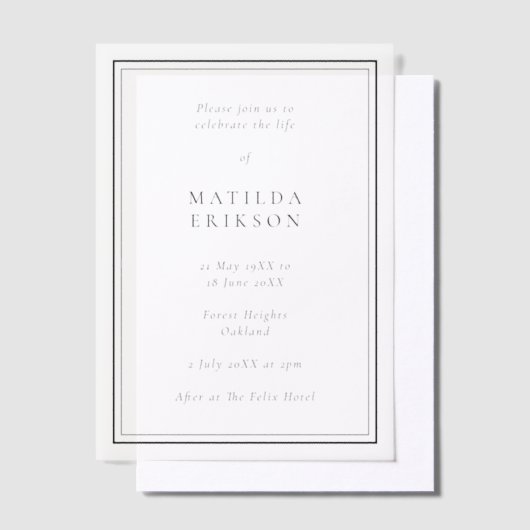 Elegante Beerdigung | Klassische Feier des Lebens Pergament Einladungen (Versetzt)