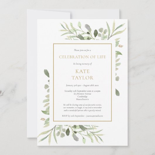 Elegante Beerdigung von Lebensgrün Einladung (Vorderseite)