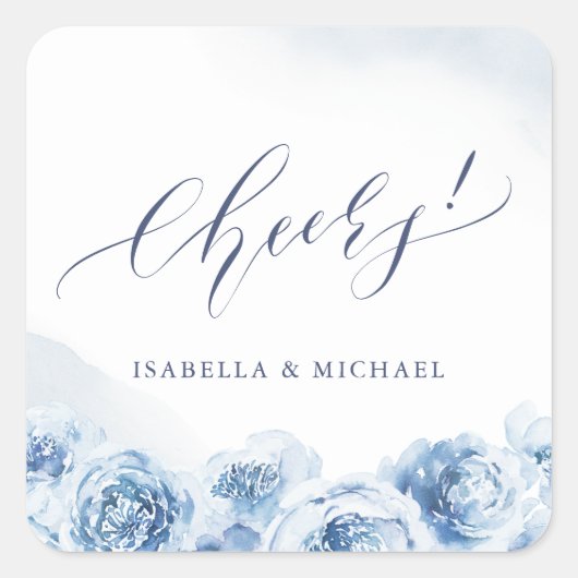Elegante Beifall-Skript blaue Aquarellblütenfavori Quadratischer Aufkleber (Vorderseite)