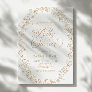 Elegante Beige Blumen Rosen Linien Kunst Baby Show Einladung