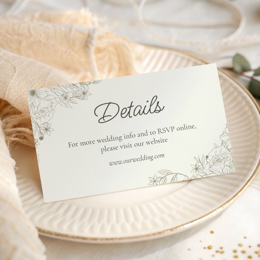 Elegante beige Blumen-Script-Hochzeitswebsite-Deta Begleitkarte