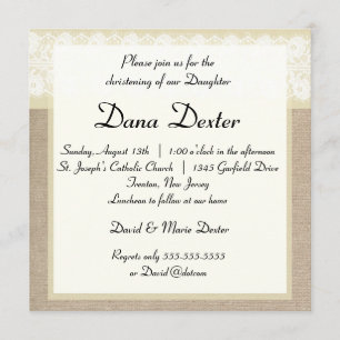 Elegante Beige Burlap Lace Taufe Einladung