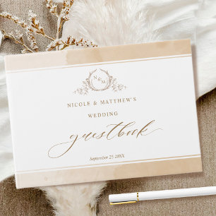 Elegante Beige Cream Watercolor Monogram Wedding Gästebuch