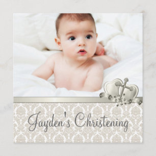 Elegante Beige Damast Jungen Foto Taufeinladung Einladung