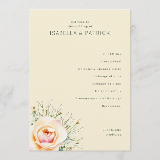 Elegante beige florale Hochzeit Programm (Vorderseite)