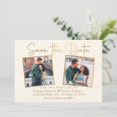 Elegante Beige Gold 2 Foto Save the Date Karte (Stehend Vorderseite)