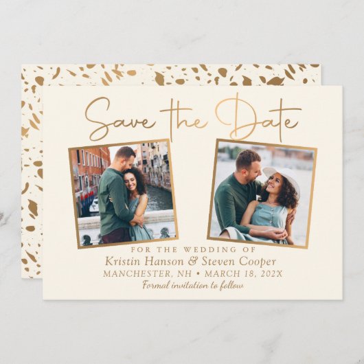 Elegante Beige Gold 2 Foto Save the Date Karte (Vorne/Hinten)