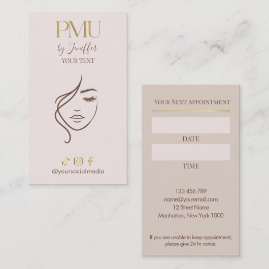 Elegante Beige & Gold PMU-Termin Terminkarte (Vorne/Hinten)