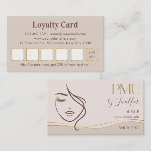 Elegante Beige & Gold PMU Treueprogramm Treuekarte (Vorne/Hinten)