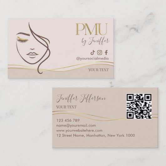 Elegante Beige & Gold PMU Visitenkarte (Vorne/Hinten)